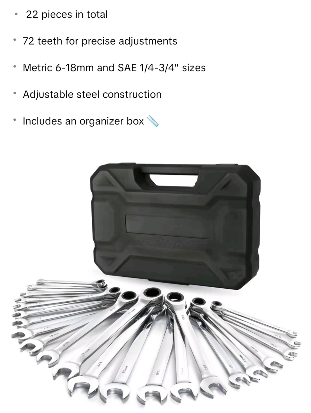 22 Piece 72 Tooth "5° Swing" Ratchet Wrench Set w/Case, New In Box!